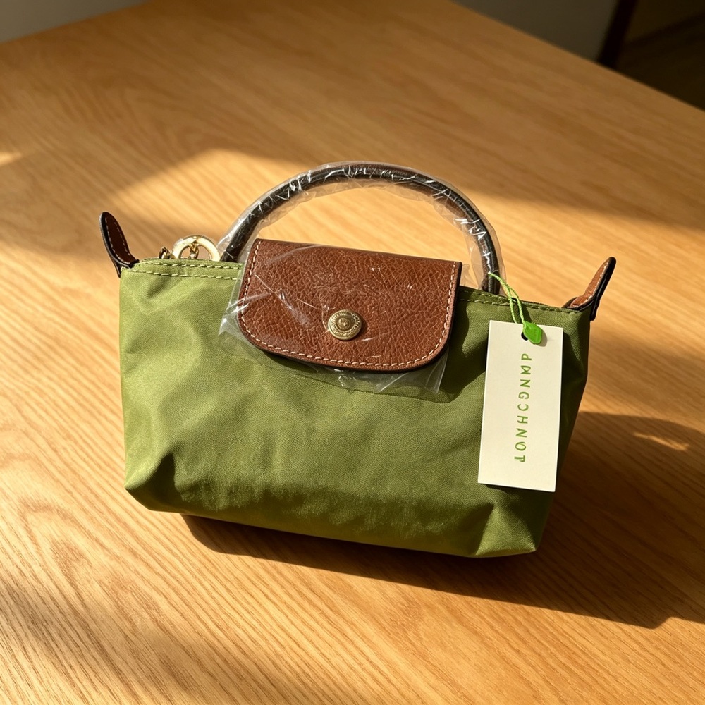 NWT Longchamp Green Nylon Mini Top-Handle Bag with Brown Leather Flap
